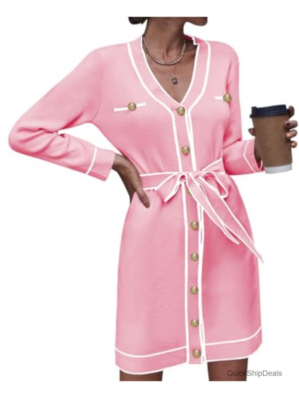 Long Sleeve V-Neck Button Down Knit Cardigan Dress with Belt
